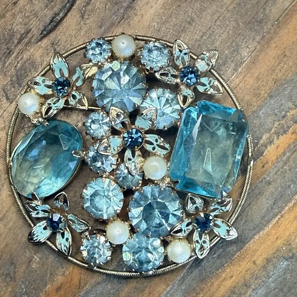 Vintage Weiss Blue Glass Rhinestone Forget Me Not Enamel Floral Brooch